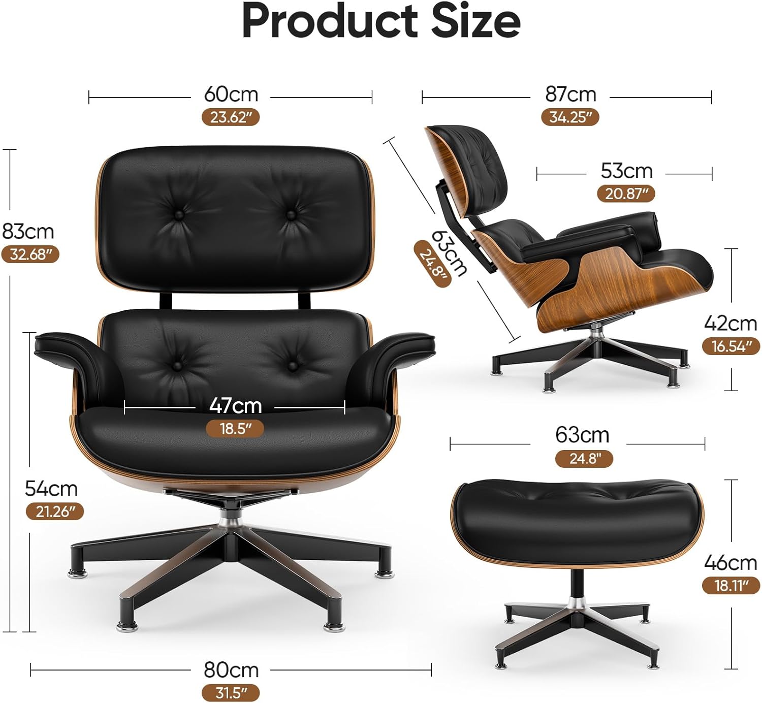 Top Black PU Leather, Mid Century Chaise Lounge Chair and Ottoman, Modern Chair Classic Design, Walnut Wood, Heavy Duty Base Support for Living Room Office