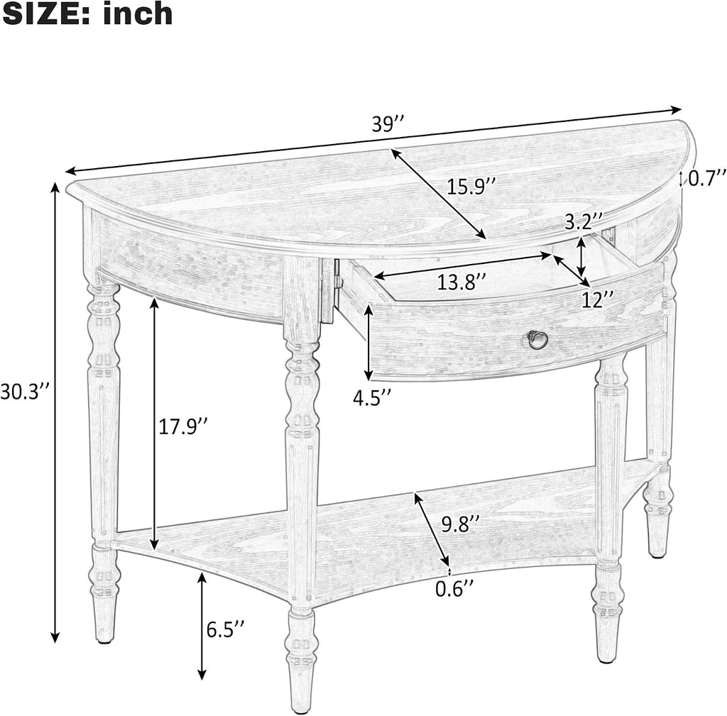 LUMISOL Half Moon Console Table with Drawer, 39'' Farmhouse Entryway Table with Shelf, Rustic Sofa Tables for Living Room Foyer Hallway, Espresso