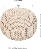 · REDEARTH · Round Pouf Ottoman - Hand Knitted Boho Poof Footrest - Ivory