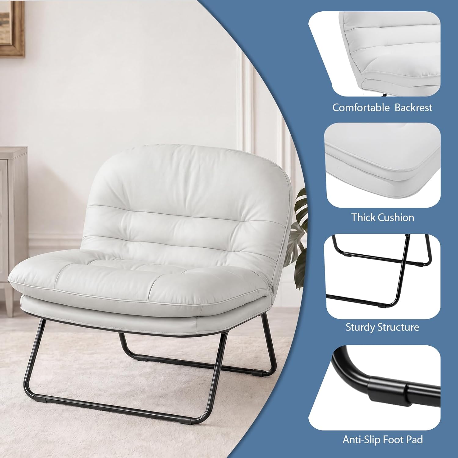 DUMOS Comfy Saucer Chair, Small Foldable Floor Chair, PU Leather | Adjustable Back Support, Bedroom, Living Room, Dorm Gaming, Small Spaces Apartment, Adults, Creamy White