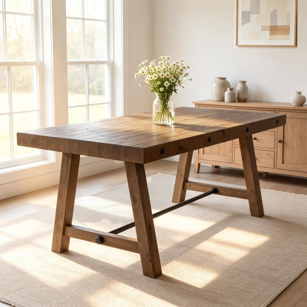 Rustic Farmhouse Dinning Table, Reclaimed Solid Wood Kitchen & Dining Room Table for 4-6 People, 59" Wooden Rectangular Kitchen Table with Trestle Base for Dining/Kitchen Room, Walnut