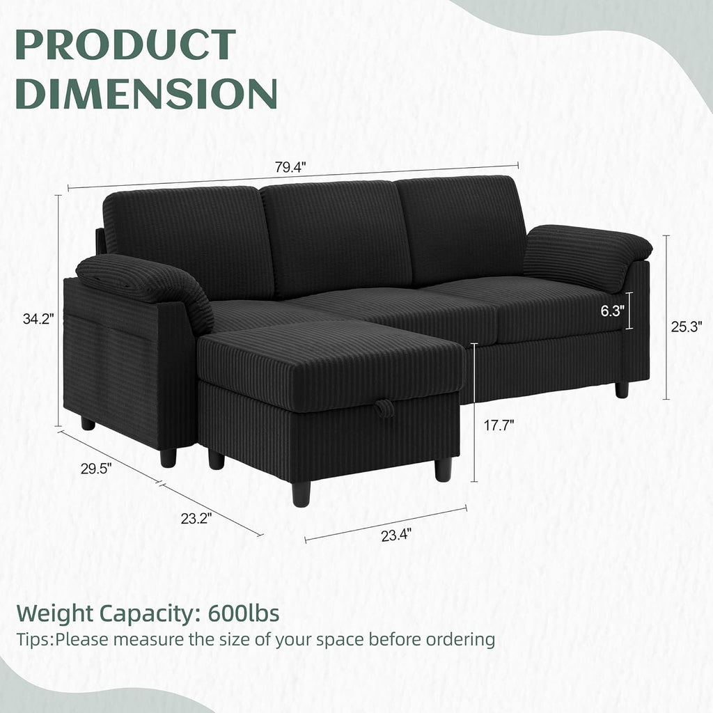Vongrasig Convertible Sectional Couches, 3 Seat L Shaped Couch Sofa with Removable Pillows Soft Corduroy Fabric Small Couch Mid Century for Living Room, Apartment and Office (Black)