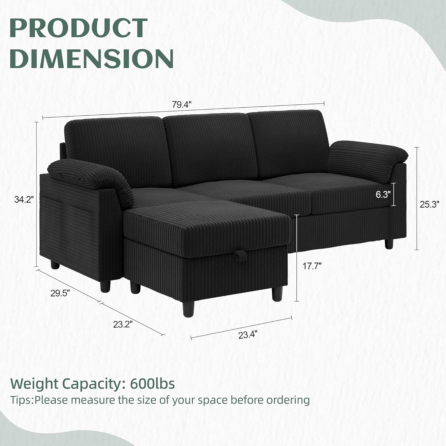 Vongrasig Convertible Sectional Couches, 3 Seat L Shaped Couch Sofa with Removable Pillows Soft Corduroy Fabric Small Couch Mid Century for Living Room, Apartment and Office (Black)
