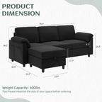 Vongrasig 79" Convertible Sectional Couch for Living Room, Modular L Shaped Sofa with Movable Ottoman, Comfy Corduroy Fabric Couch with Removable Covers, Modern Apartment Furniture, Black