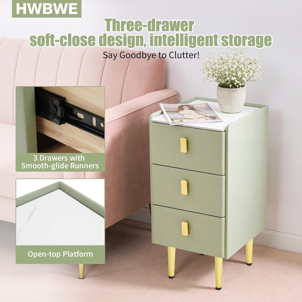 Narrow Nightstand with Drawers, Narrow Side Table Leather, Three-Layer Drawer Night Stand Small Bedside Tables for Living Room, Bedroom & Office (Green)