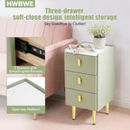 Narrow Nightstand with Drawers, Narrow Side Table Leather, Three-Layer Drawer Night Stand Small Bedside Tables for Living Room, Bedroom & Office (Green)