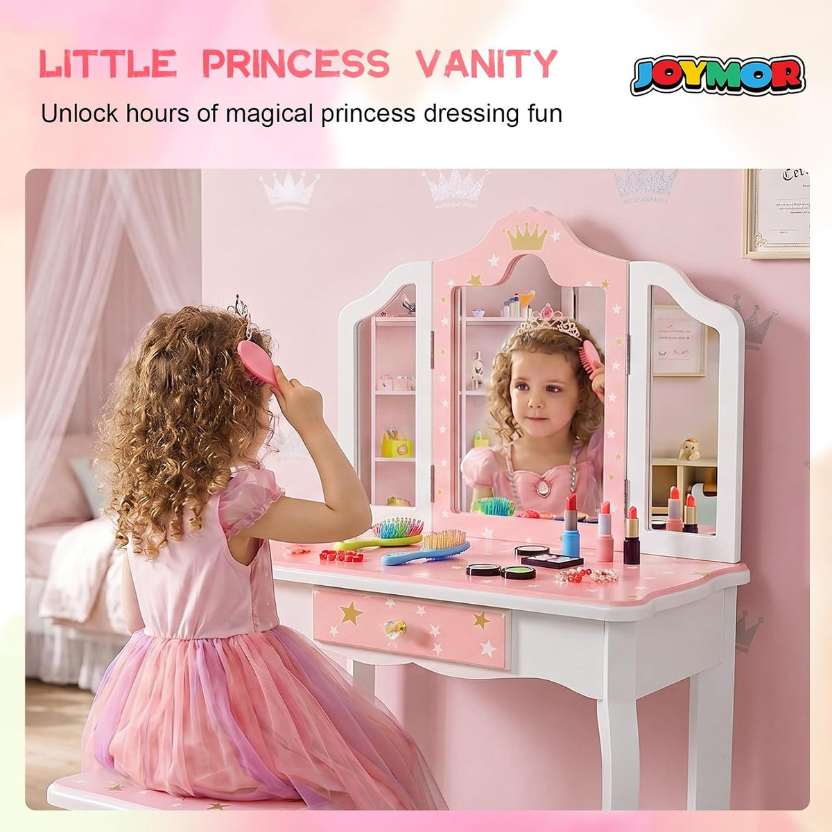 JOYMOR Kids Princess Vanity Table and Chair Set, Kids Vanity Set with Mirror, Makeup Dressing Table with Two 180° Folding Mirror for Girls Age 4-9