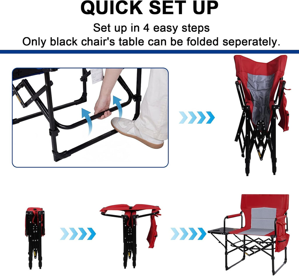 Romswi 2Pack Director Chairs for Outdoor, Folding Camping Chair, Compact Directors Chair Side Table and Side Bag, Heavy Duty Oversize Chair for Beach Fishing Picnic, Holds up to 400 lbs Red