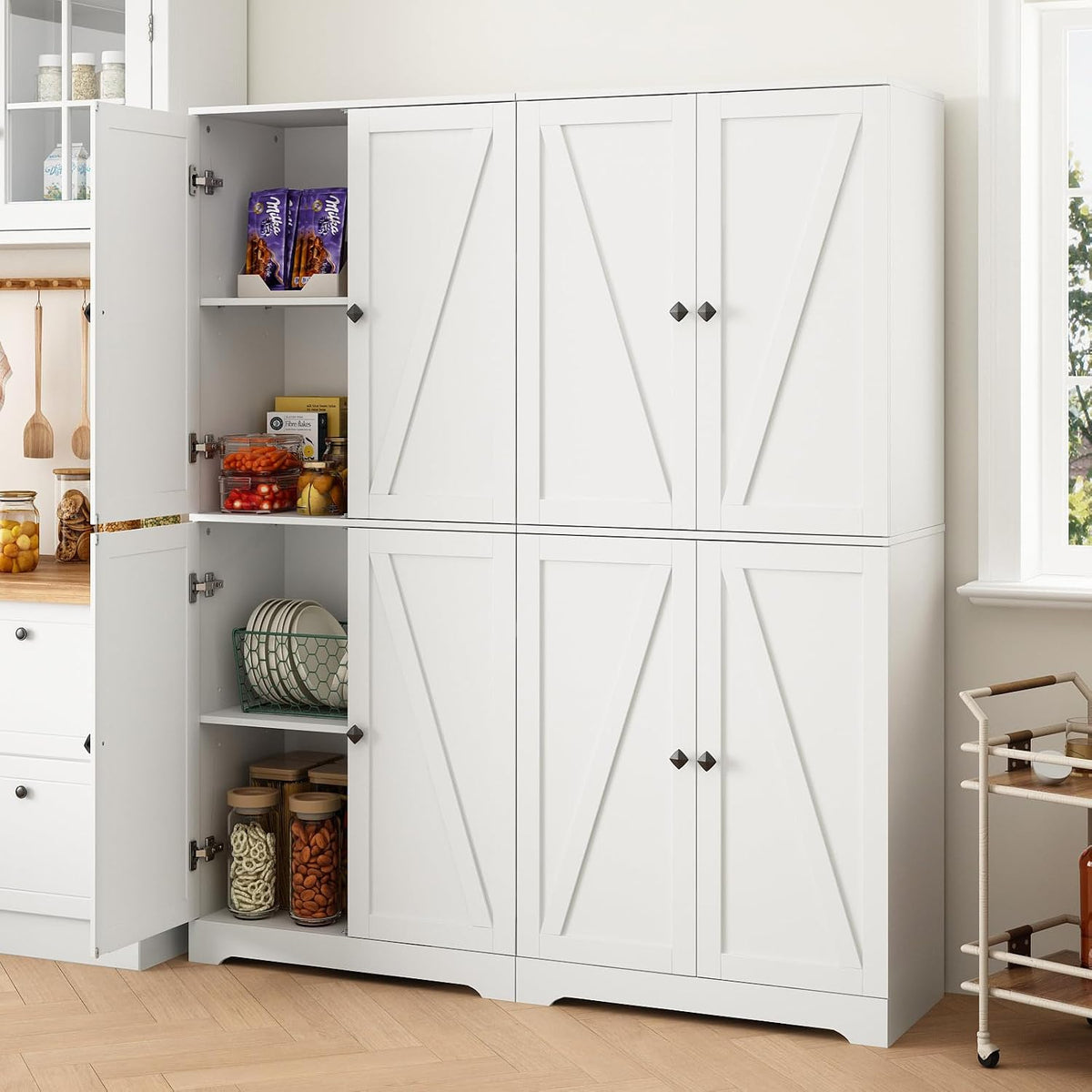 CARPETNAL Farmhouse Pantry Cabinet Set of 2, 72" Tall Wooden Storage Cabinet with 4 Barn Doors & Adjustable Shelf & Square Knobs, Freestanding Kitchen Pantry for Dining Room, Bathroom, White