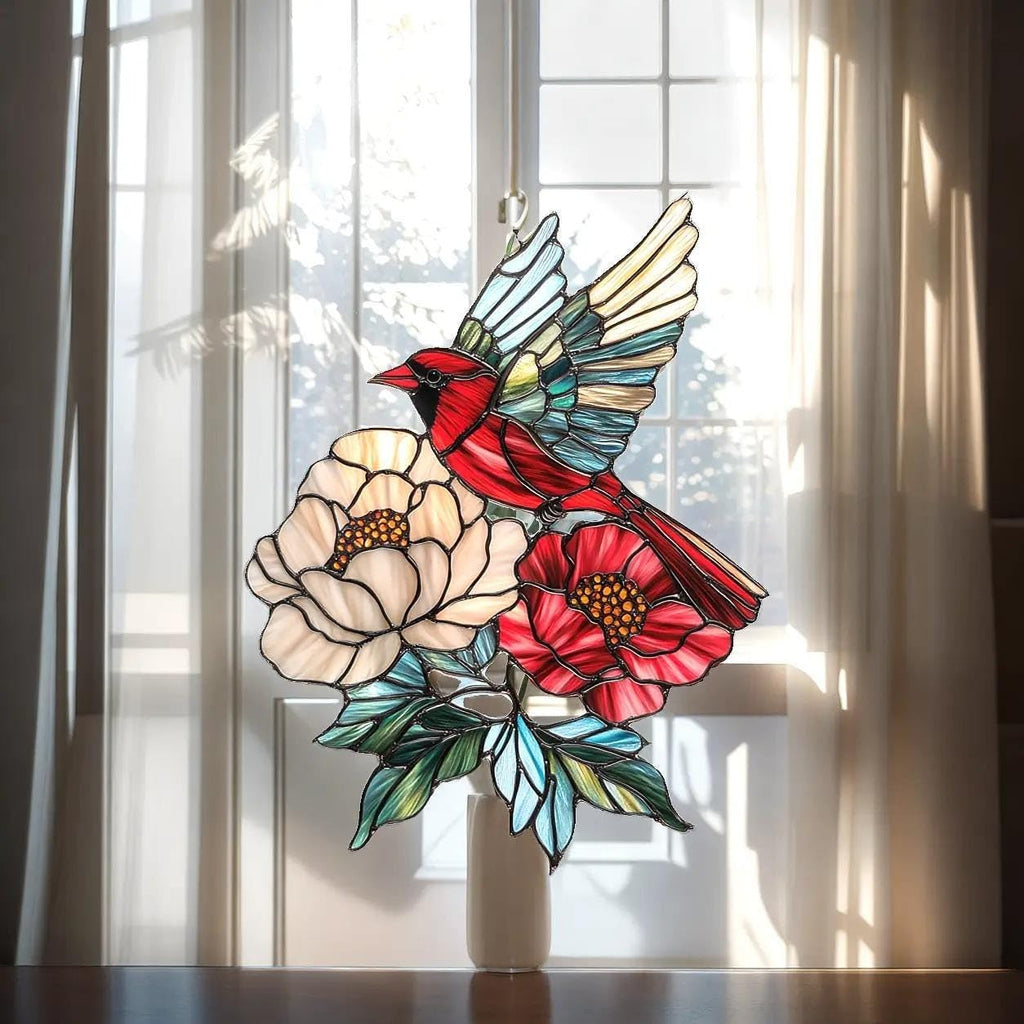 Red Cardinal and Poppy Flower Suncatcher Suncatchers Indoor Window Suncatchers for Windows Hanging Garden Window Decor Outdoor Suncatcher Holiday Custom