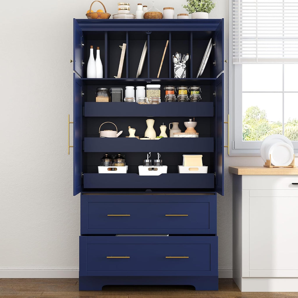 roomfitters 73 Inch Large Kitchen Pantry with 4 Doors, Pull-Out Trays and Cake Pan Organizer, Blue