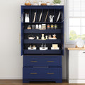 Farmhouse Freestanding Kitchen Pantry,4 Doors Dining Storage Cabinet with Pull-Out Trays, Drawers and Cake Pan Storage Organizer,for Dining Room (Blue-Q)