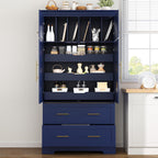 Farmhouse Kitchen Pantry Cabinet, Tall Freestanding Cupboard with Pull-Out Trays, Drawers and Cake Pan Storage Organizer for Kitchen, Dining Room (Blue)