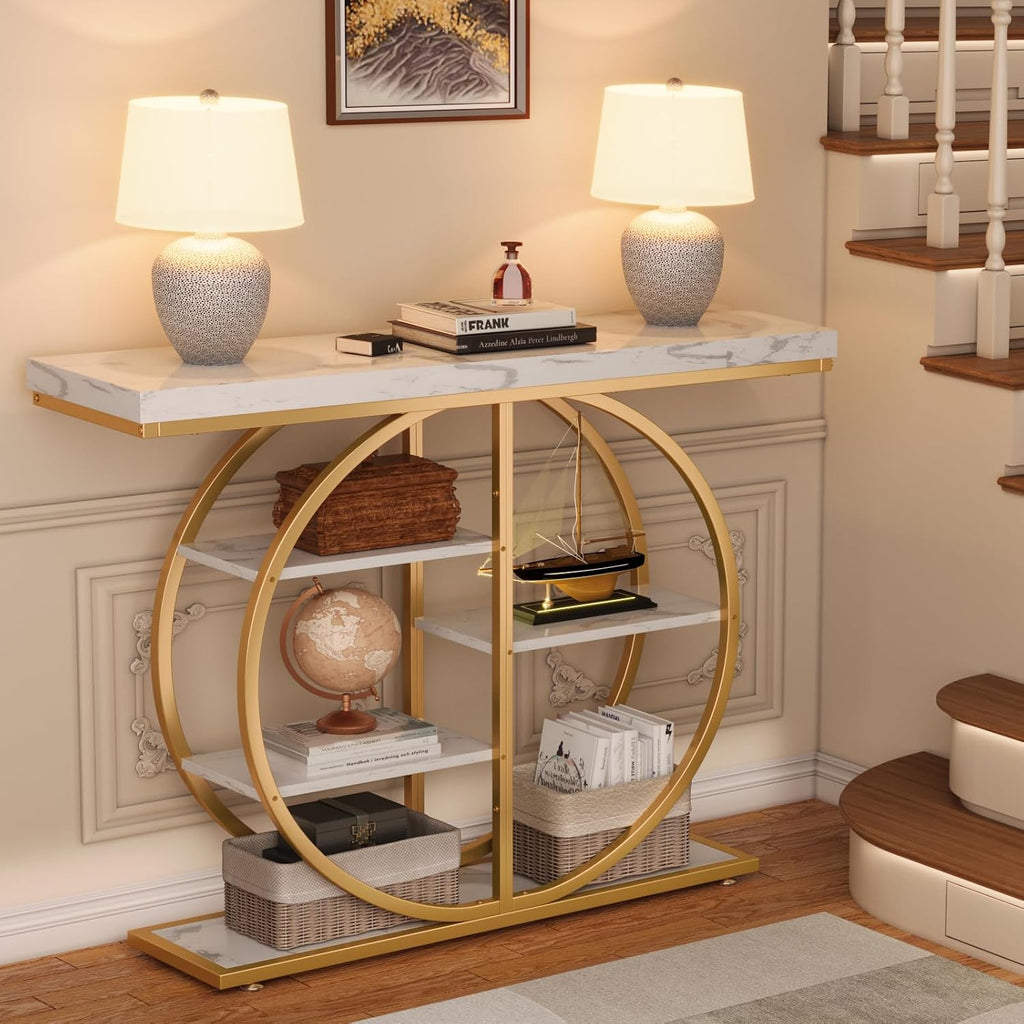 LIFECHOVY 41.3" Console Table for Entryway, Industrial Hallway Sofa Table with Storage Shelves, Narrow Accent Decor Living Room Furniture with Circle Base for Foyer, Entrance, White Gold