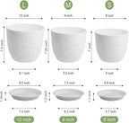 10/9/8 inch Medium Plant Pots, Set of 3 Modern Decorative Plastic Planters with Drainage Holes and Saucers for Garden House Plants, Flower Pots for Indoor Outdoor Plants, Speckled White