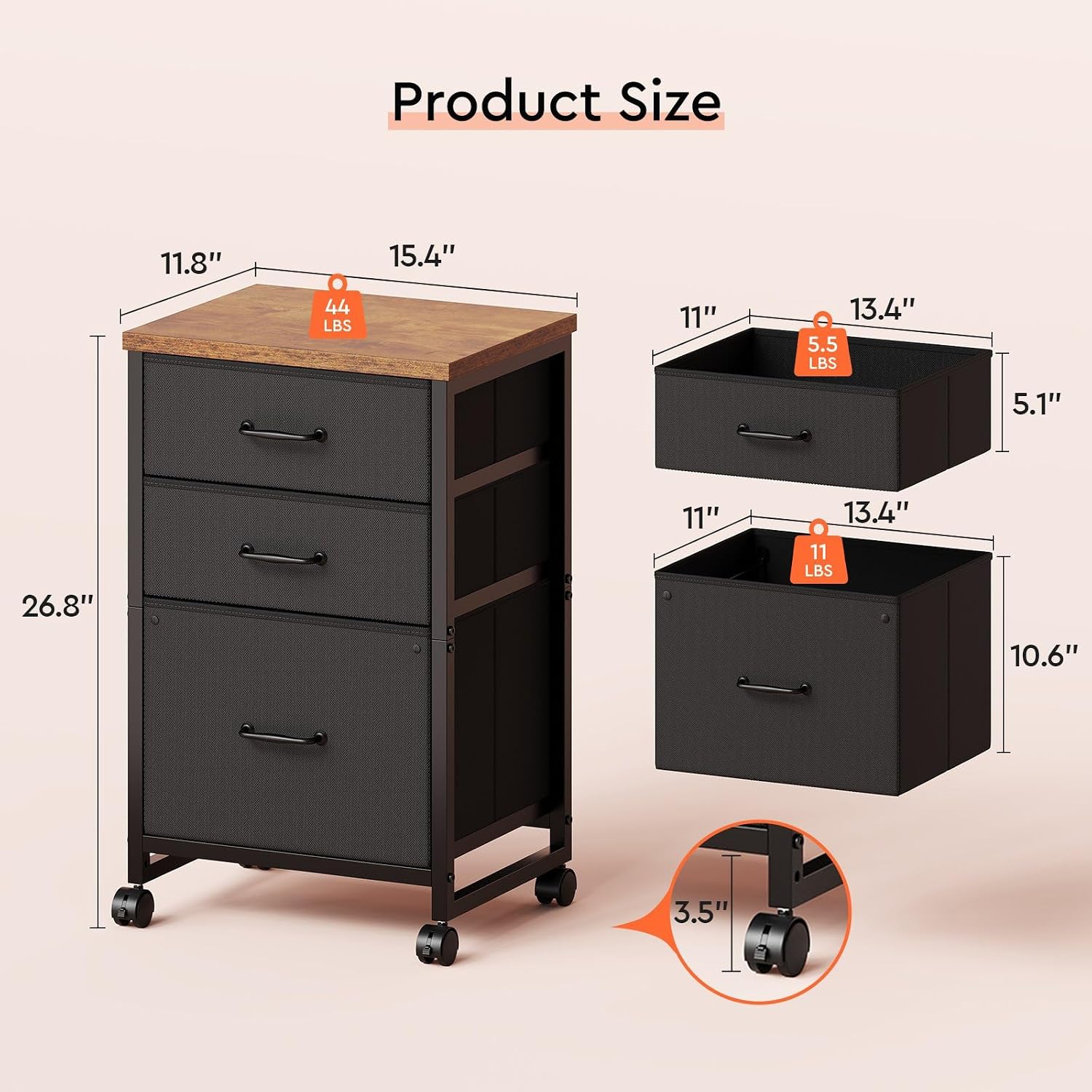 Maihail 3 Drawer File Cabinet with Wheels with Open Storage Shelf, Rustic Brown