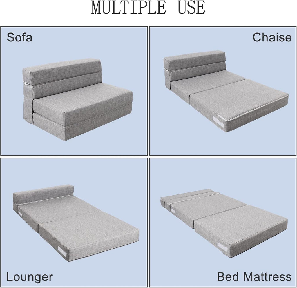 Folding Sleeper Chair Sofa Bed Lazy Couch with Pillow, Fold Out Chair Bed | Foam Futon Floor Couch, Convertible Sofa for Small Space Apartment Guest Room, Twin Size, Light Gray
