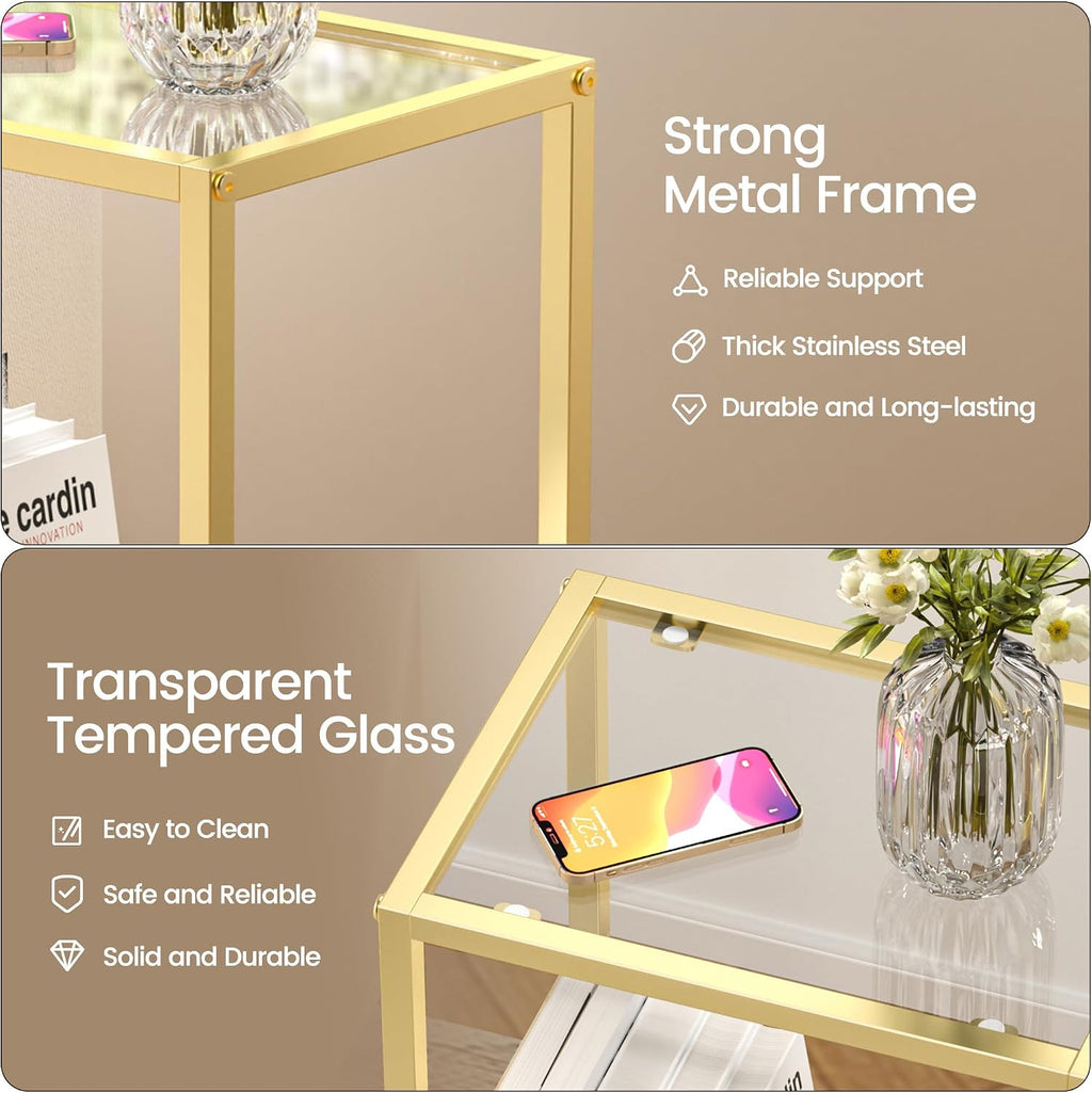 Glass Side Table, Tempered Glass End Table, 2-Tier Nightstands with Open Shelves, Small Coffee Table with Modern Style, Accent Table Small Table Sofa Table for Living Room, Bedroom,Gold
