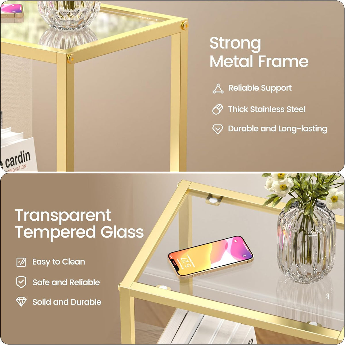 Glass Side Table, Tempered Glass End Table, 2-Tier Nightstands with Open Shelves, Small Coffee Table with Modern Style, Accent Table Small Table Sofa Table for Living Room, Bedroom,Gold