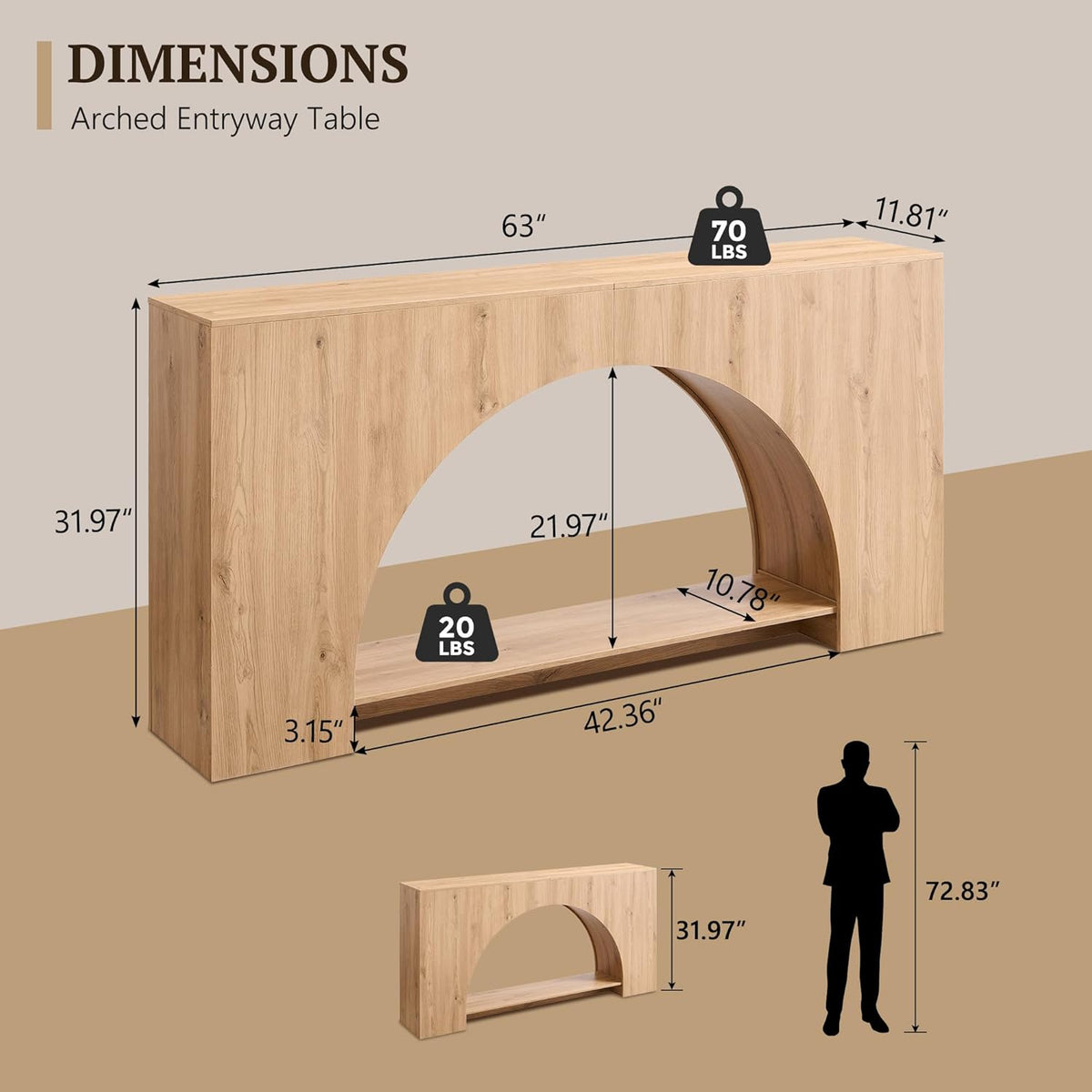 IFGET 63" Arched Console Table, 2-Tier Modern Entryway Table with Arched Base, Narrow Long Wood Sofa Table Behind Couch Table for Living Room, Hallway, Foyer, Natural