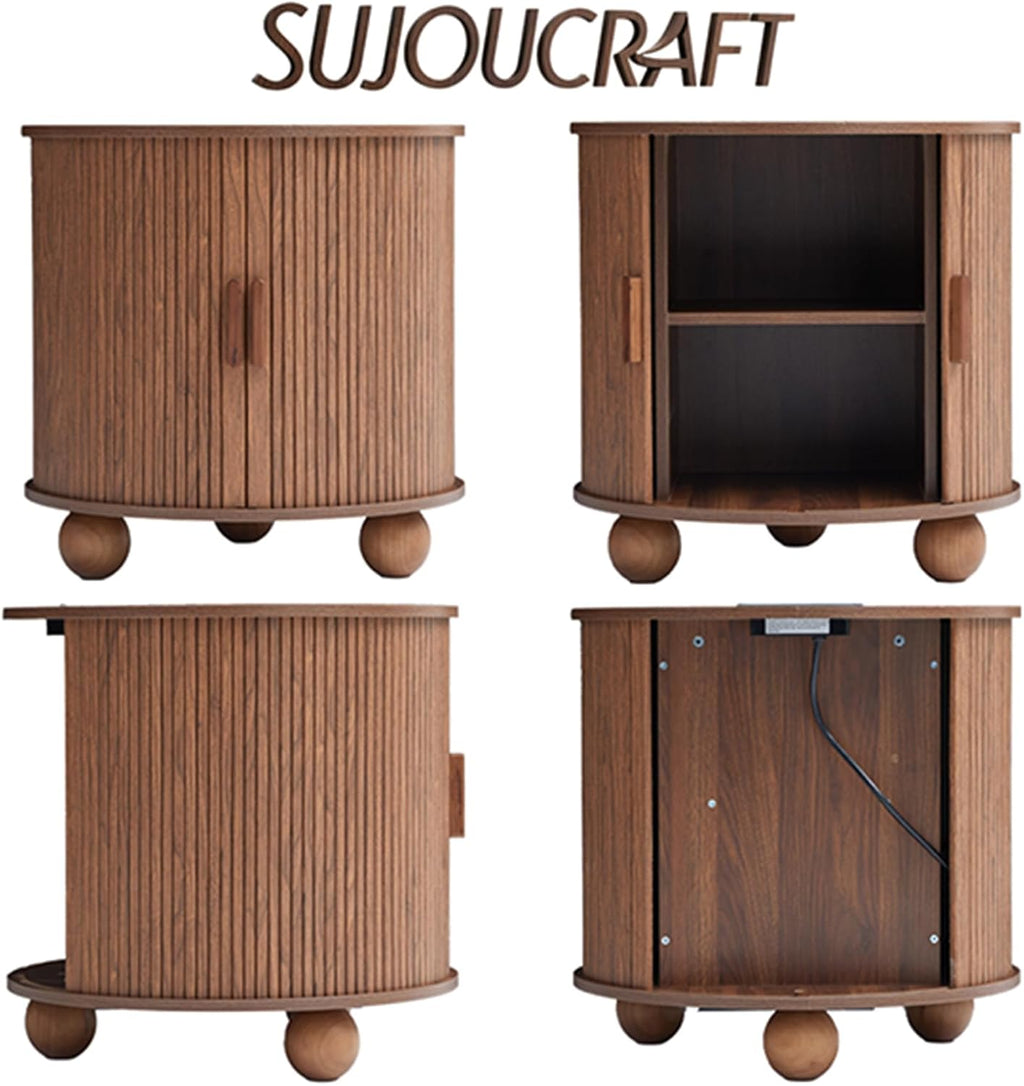 24" End Table with Charging Station, Farmhouse Round Fluted Wood Night Stand, Mid-Century Large Side Table with Storage & Sliding Door for Living Room, Bedroom (Round, Walnut)