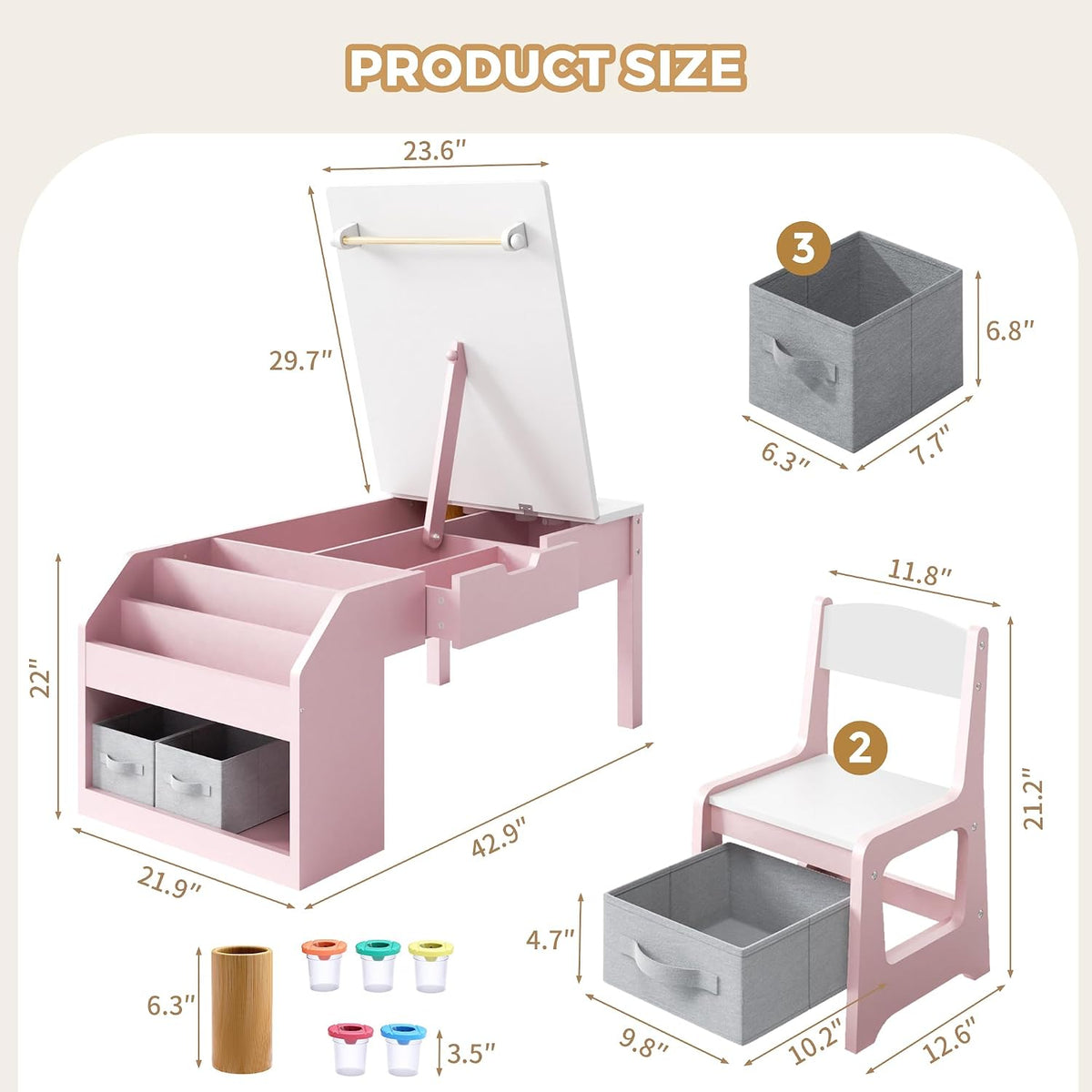 5-in-1 Kids Art Table and Chairs Set, Convertible Toddler Table and Chair Set with Art Easel, Paper Roll Holder, Storage Drawers and Craft Play Desk, Wooden Activity Learning Table for Kids, Pink