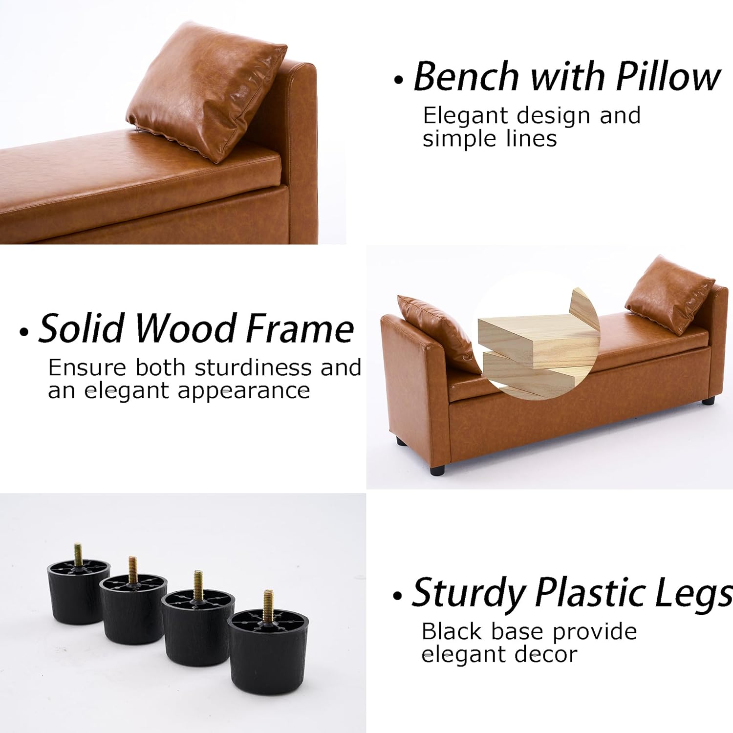 Storage Bench for Bedroom, 55" End of Bed Bench for King Size Bed, Modern Upholstered Long Ottoman Bench with Arms and 2 Pillows for Living Room/Entryway (Faux Leather - Camel)