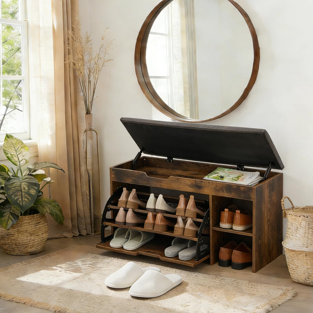 Shoe Storage Bench with Flip Drawers & Lift Top Storage Box, Entryway Bench with Seat Cushion, 3-Tier Short Shoe Cabinet with Adjustable Shelves for Entryway, Hallway, Living Room, Mudroom, Brown