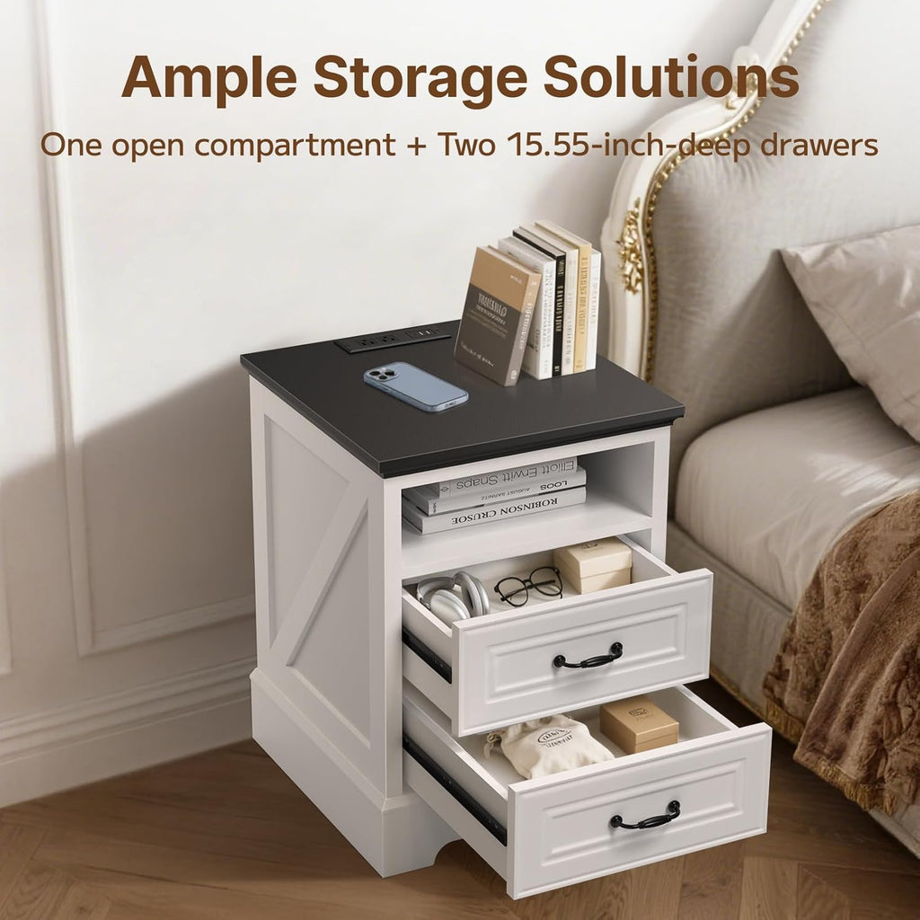 Eondon 18" Farmhouse Nightstand with Charging Station, 2 Drawers Bedside Table with Open Shelf, End Table with Storage Wood Rustic Bedside Cabinet Side Table for Living Room and Bedroom, White