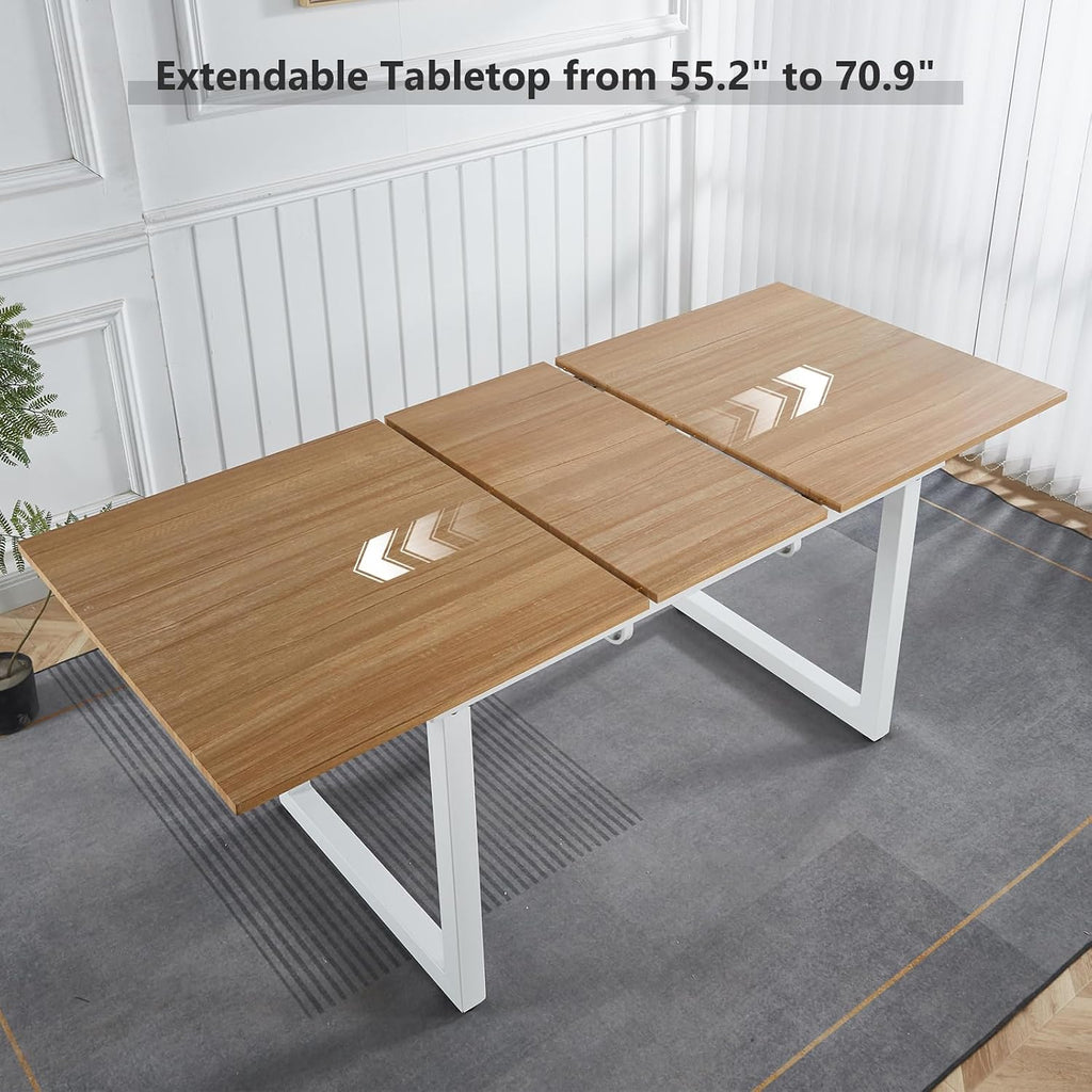 Extendable Dining Table for 4-8 Person, Extendable from 55" to 71", Modern Rectangle Dining Table with MDF Tabletop and Metal Frame, Expanding Kitchen Table for Home, Office (Natural Wood+White)