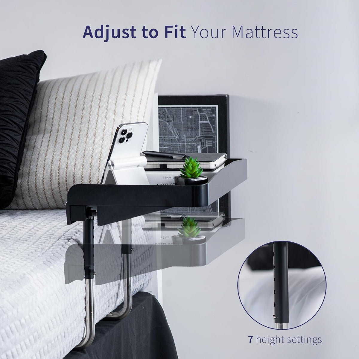 Height Adjustable Under Mattress 17 inch Bedside Shelf, Works with Lofts and Beds Without Frames, Heavy Duty Storage Tray, Fits Laptops, Books, and Drinks, Nightstand Alternative, Black
