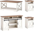 AMERLIFE 4-Piece Farmhouse Living Room Furniture Set with 66" TV Stand, Coffee Table & 2 End Tables, Barn Door Design, Large Storage Shelves, Built-in Charging Station & USB Ports, Distressed White