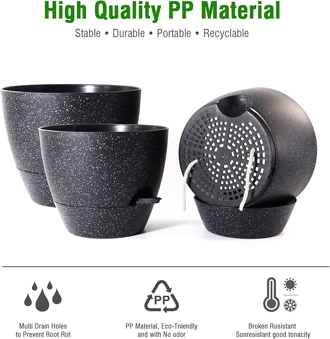 Large Self Watering Pots, 12/10/9 Plastic Planters with High Drainage Holes and Deep Reservoir for Indoor Outdoor Garden Plants and Flowers, Black Speckles