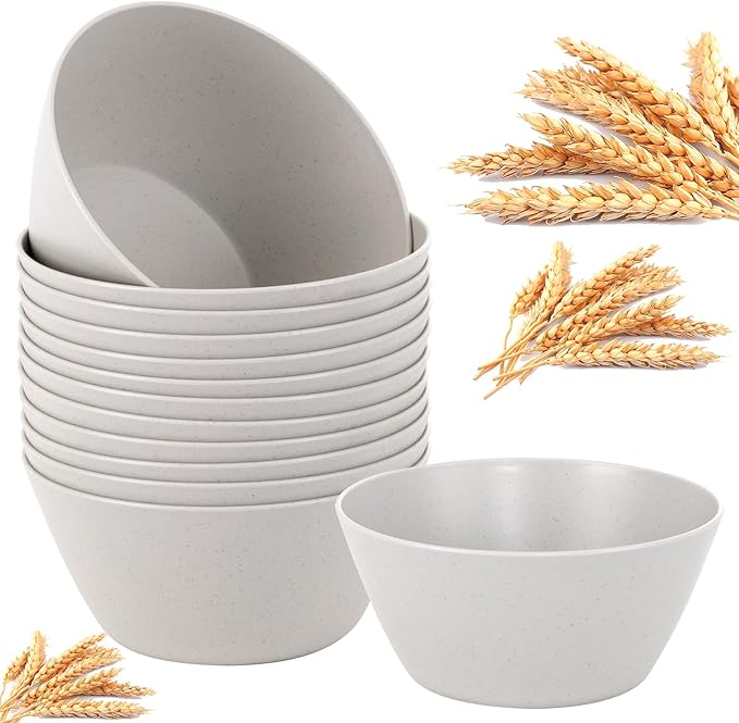 supernal 12PCS Light Grey Wheat Straw & Hard Plastic Bowls - Sturdy Reusable Soup Bowls for Hot Food,Unbreakable Bowl for Catering,Weddings,Holiday Meals (Disposable Lightweight Snack Bowl)