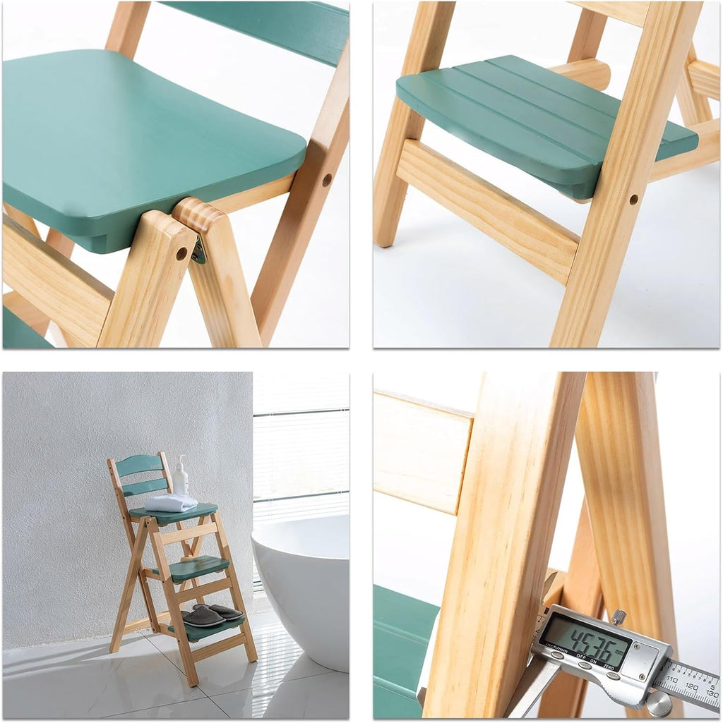 Solid Wood Folding Bar Stool Height Foldable Stool Tall Stool 3 Step Multifunction Indoor Ladder Stool Portable Foldable Stool Step Stool for Household Kitchen Bathroom Storage Shelf(Blue)
