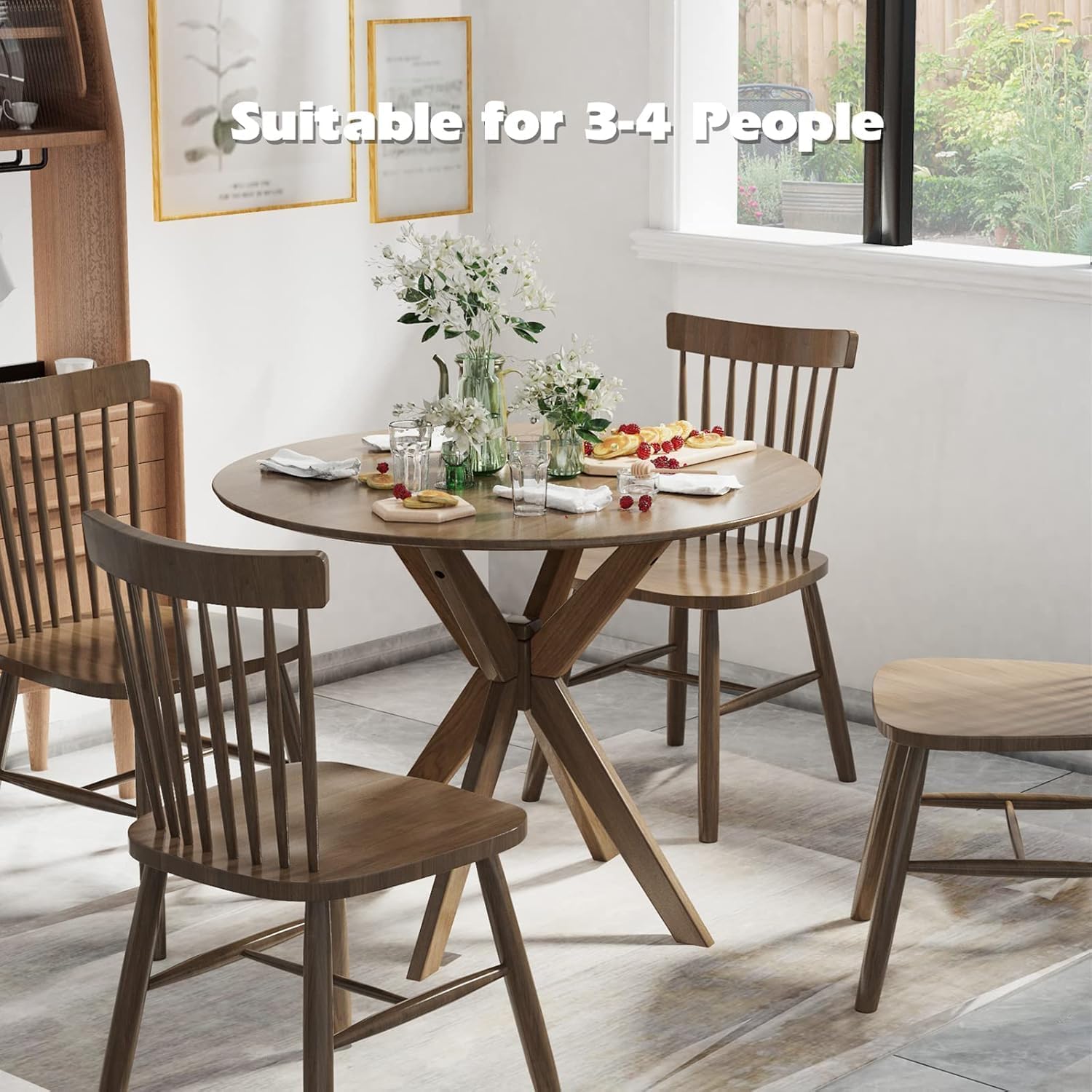 COSTWAY 36" Round Dining Table, Solid Wood Kitchen Table with Intersecting Pedestal Base and Adjustable Foot Pads for Home, Office, Small Space, Cafe, Bar