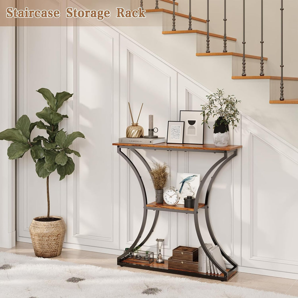 HavenlyYouth Narrow Console Table for Entryway, Industrial 3-Tier Sofa Table Behind Couch, 29.5" Height TV Stand with Storage Shelves for Living Room, Hallway, Entrance, Foyer, Rustic Brown