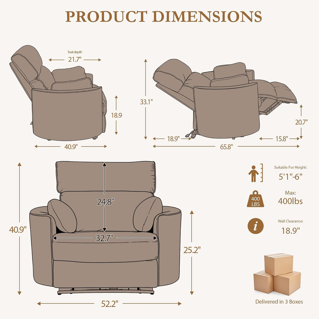 450lbs Oversized Power Recliner Chair for Big and Tall Adults, 52" Extra Wide Electric Recliner with USB & Type-C Ports, Chenille Fabric Single Sofa Chair for Living Room & Bedroom (Brown)