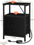 LOAKEKEL Night Stand, Small Nightstand with Charging Station | Bedside Table with 2 Fabric Drawers, End Table Living Room, Side Table with USB & Type-C Ports for Bedroom, Black