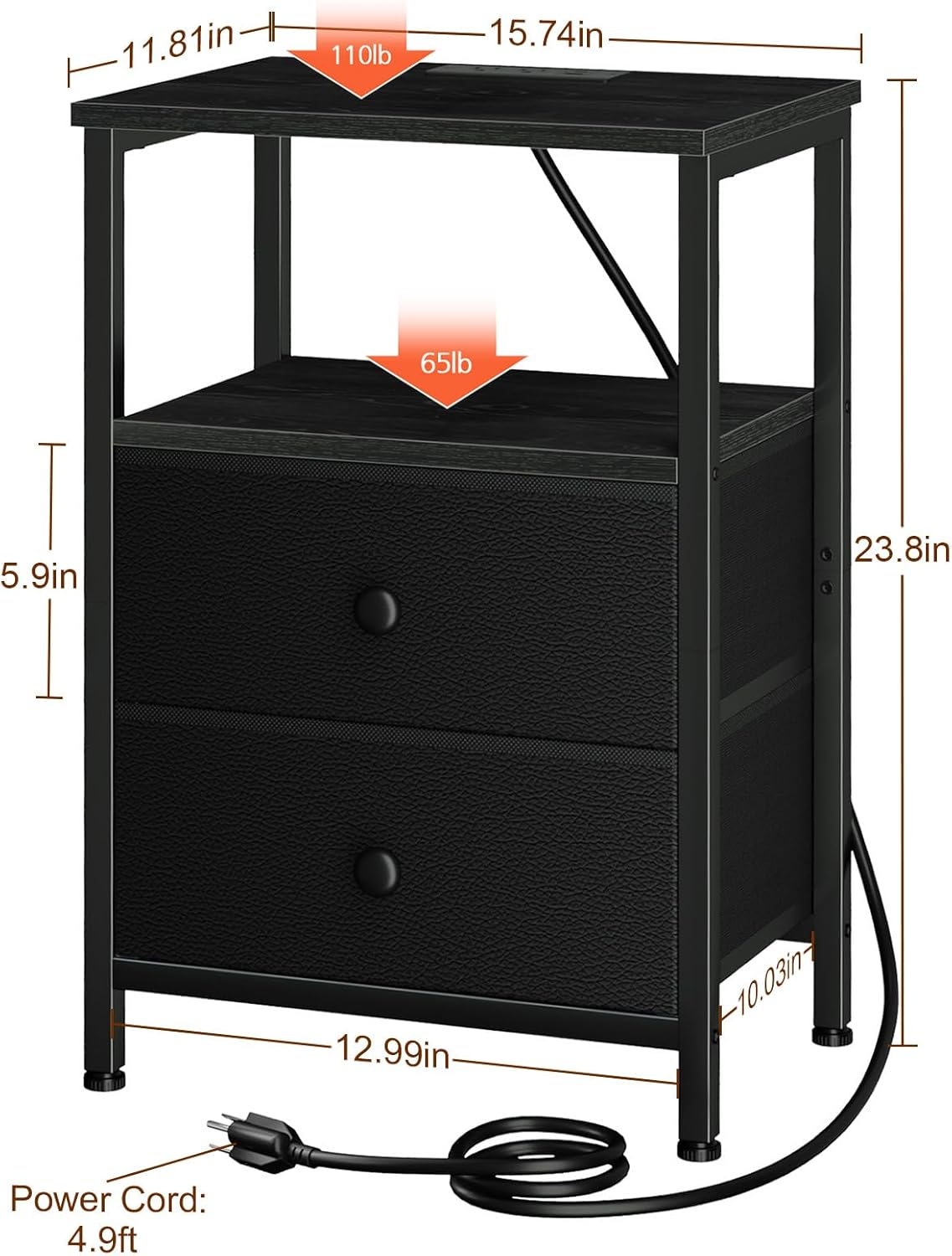 LOAKEKEL Night Stand, Small Nightstand with Charging Station | Bedside Table with 2 Fabric Drawers, End Table Living Room, Side Table with USB & Type-C Ports for Bedroom, Black