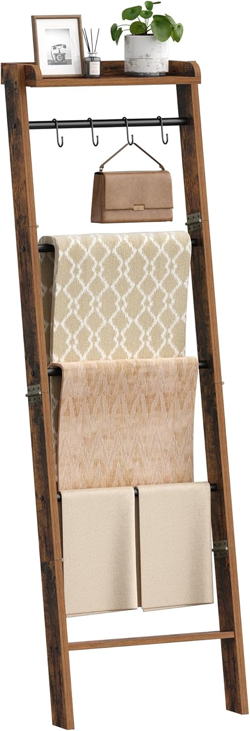Hzuaneri Blanket Ladder Shelf, Decorative Quilt Rack, 6-Tier Farmhouse Ladder Holder Organizer with 4 Removable Hooks 7.9" D x 17.3" W x 63.4" H, Rustic Brown BR35801B