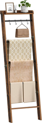 Hzuaneri Blanket Ladder Shelf, Decorative Quilt Rack, 6-Tier Farmhouse Ladder Holder Organizer with 4 Removable Hooks 7.9" D x 17.3" W x 63.4" H, Rustic Brown BR35801B