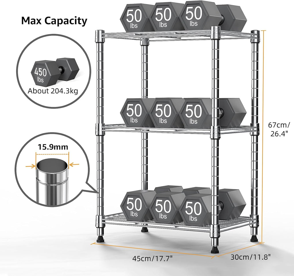 M MZG 450 lbs Wire Storage Shelving 3-Tier Utility Shelving Unit Steel Organizer Wire Rack for Home,Kitchen,Office,Chrome(11.8" D x 17.7" W x 26.4" H)