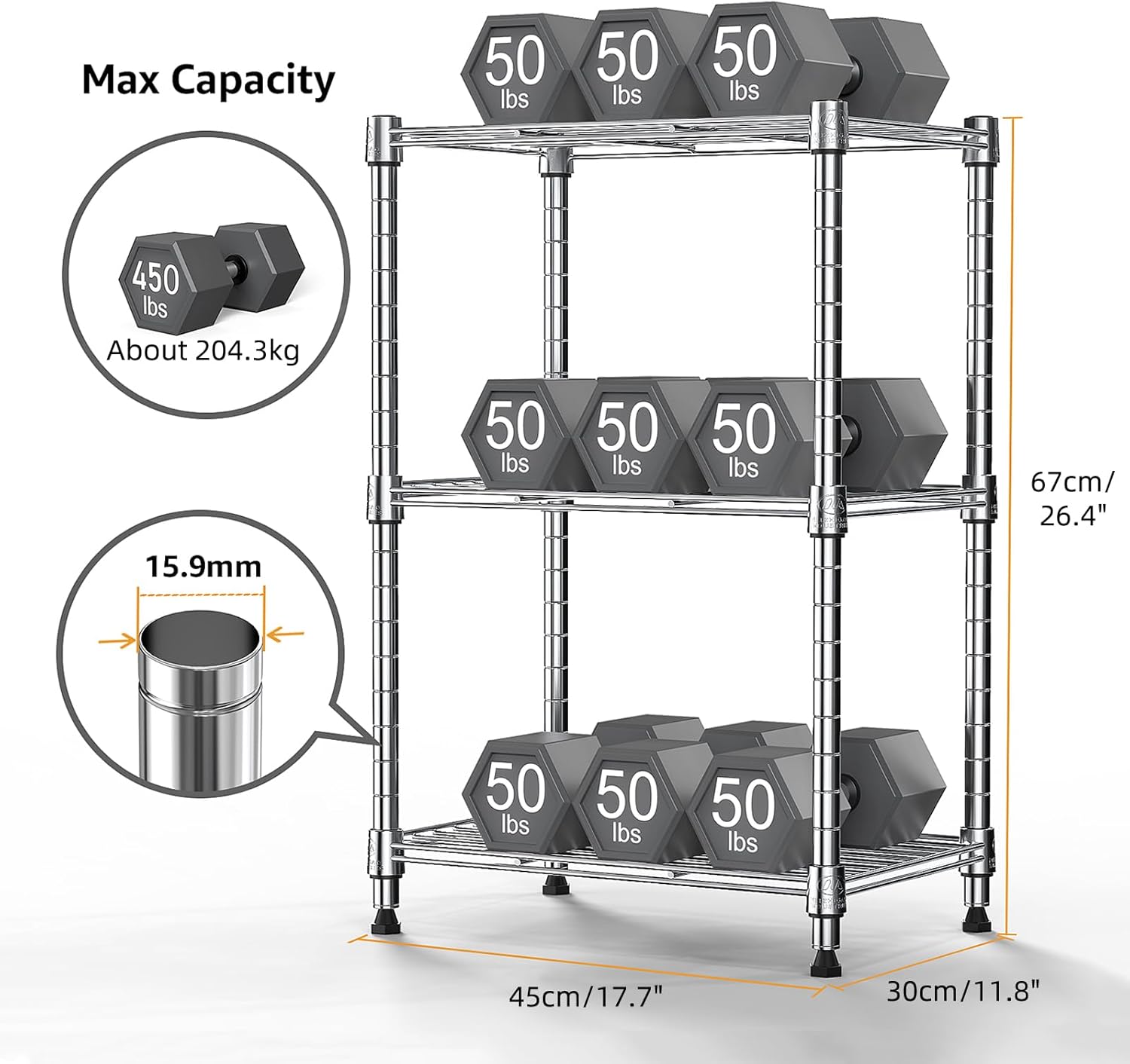 M MZG 450 lbs Wire Storage Shelving 3-Tier Utility Shelving Unit Steel Organizer Wire Rack for Home,Kitchen,Office,Chrome(11.8" D x 17.7" W x 26.4" H)