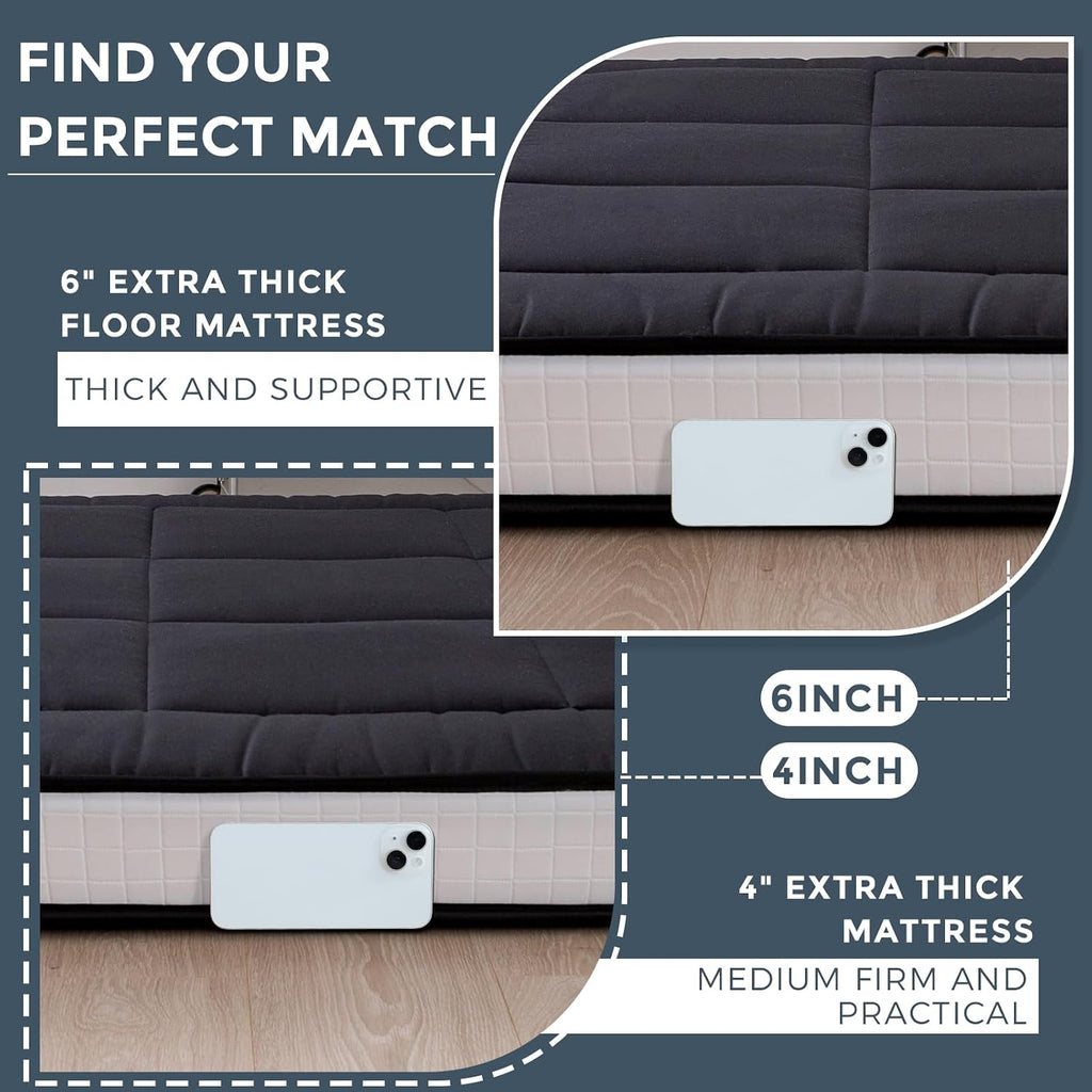 MAXYOYO 6" Extra Thick Floor Futon Mattress, Foldable Japanese Floor Mattress for Adults, Roll Up Tatami Pad for Guest Room, Black, Queen
