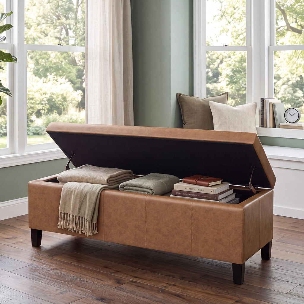 Faux Leather Storage Bench Ottoman, 50 Inch Upholstered Storage Bench with Large Compartment, Durable Accent Seating Bench for Entryway, Bedroom, Living Room Furniture
