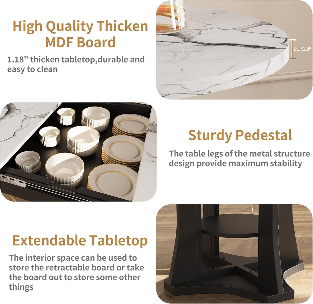 Extendable Dining Table 43"-59" for 4-6, White Faux Marble Round Kitchen Dining Room Table with 2 Tier Storage Shelves, Expandable Round to Oval Dinner Table with Storage for Kitchen Living Room