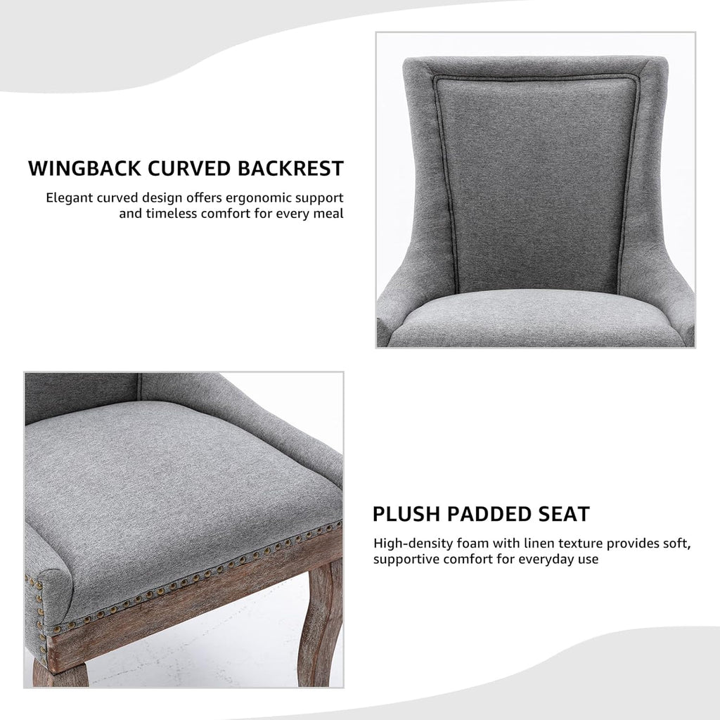 Modern Dining Chairs Set of 2, Fabric Upholstered High Back Chairs with Nailhead Trim and Curved Solid Wood Legs, Sillas de Comedor Accent Chairs for Dining Room, Gray