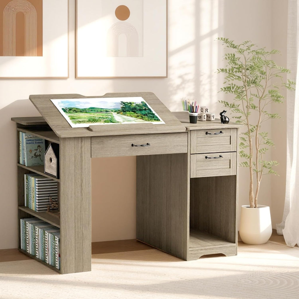 Drafting Table with Storage Cabinet & Drawers, Adjustable Drawing Desk with Open Shelves, Craft Table Painting Desk for Artists, Painters, Drawing, Crafting, Reading, Writing, Working (Grey)