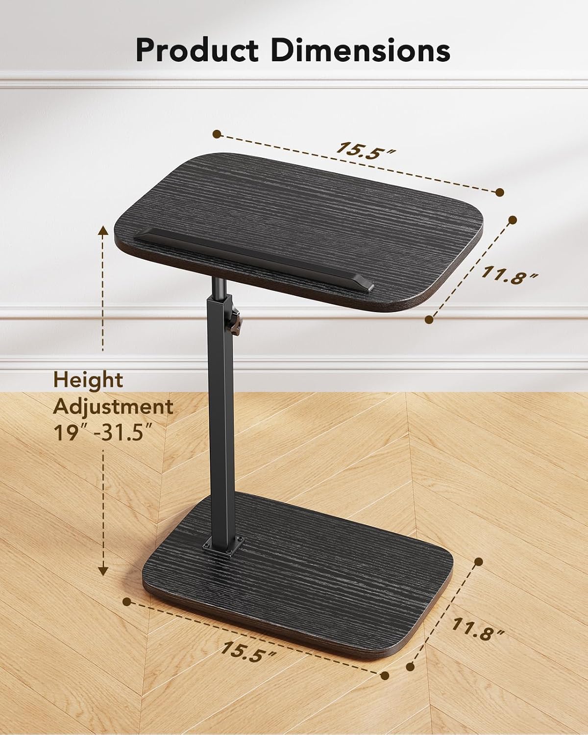 HUANUO TV Tray with Height Adjustment, 360° Swivel, 90° Tilt, Black | 19"–31.5" Height Range, Dual Knobs & Crossbeam for Stability, Anti-slip Bar, Foldable, for Eating & Working Beside Sofa, Bed